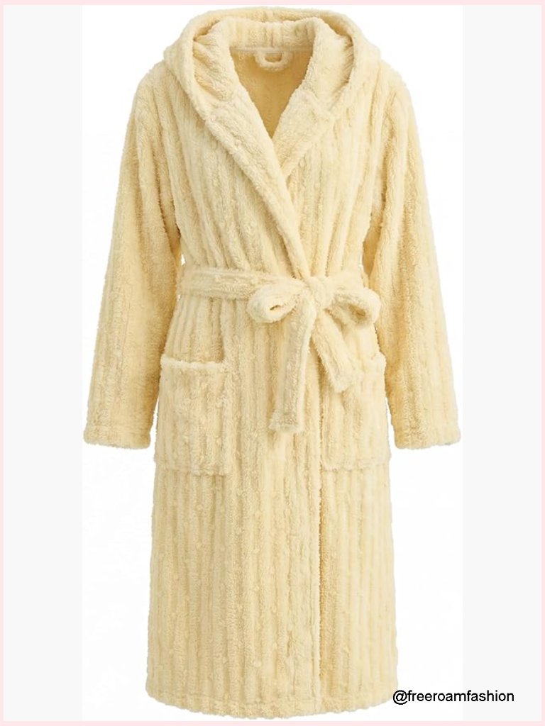 Womens Fluffy Hooded Robe Long Plush Lightweight Bathrobe With Pockets